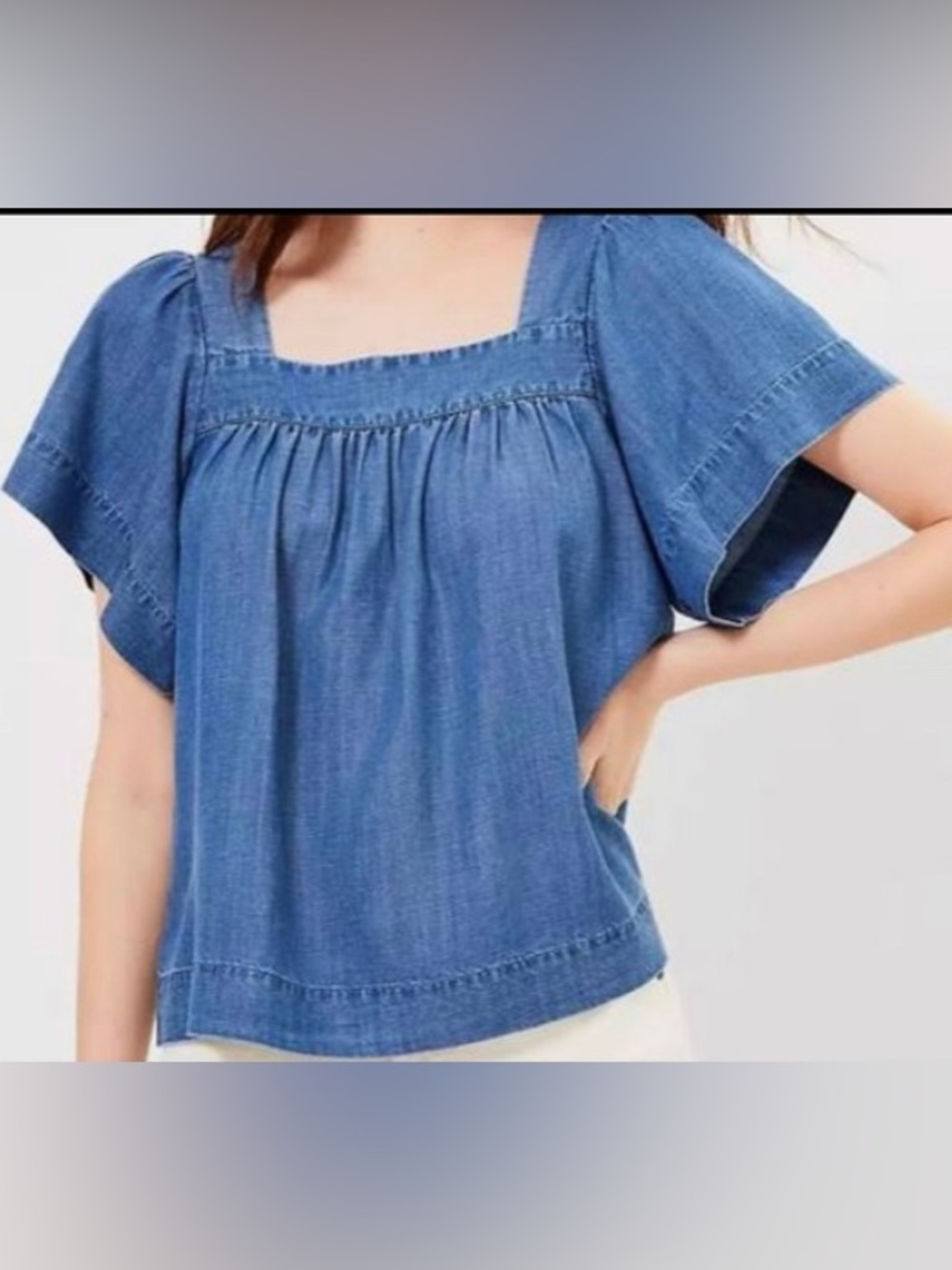 LOFT Medium Dark Blue Chambray Square-Neck Flutter Sleeve Top: M